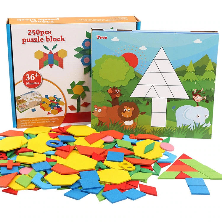 Joc educativ, Tangram din lemn cu 250 piese geometrice multicolore si cifre