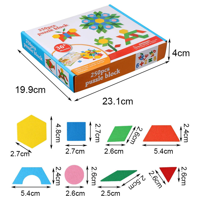 Joc educativ, Tangram din lemn cu 250 piese geometrice multicolore si cifre