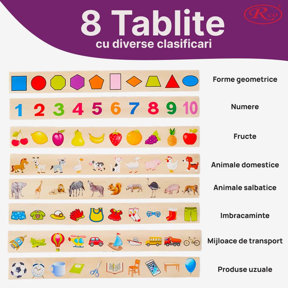 Joc Montessori RCO® in limba romana/engleza, de clasificare, sortare si asociere, 88 piese, din lemn