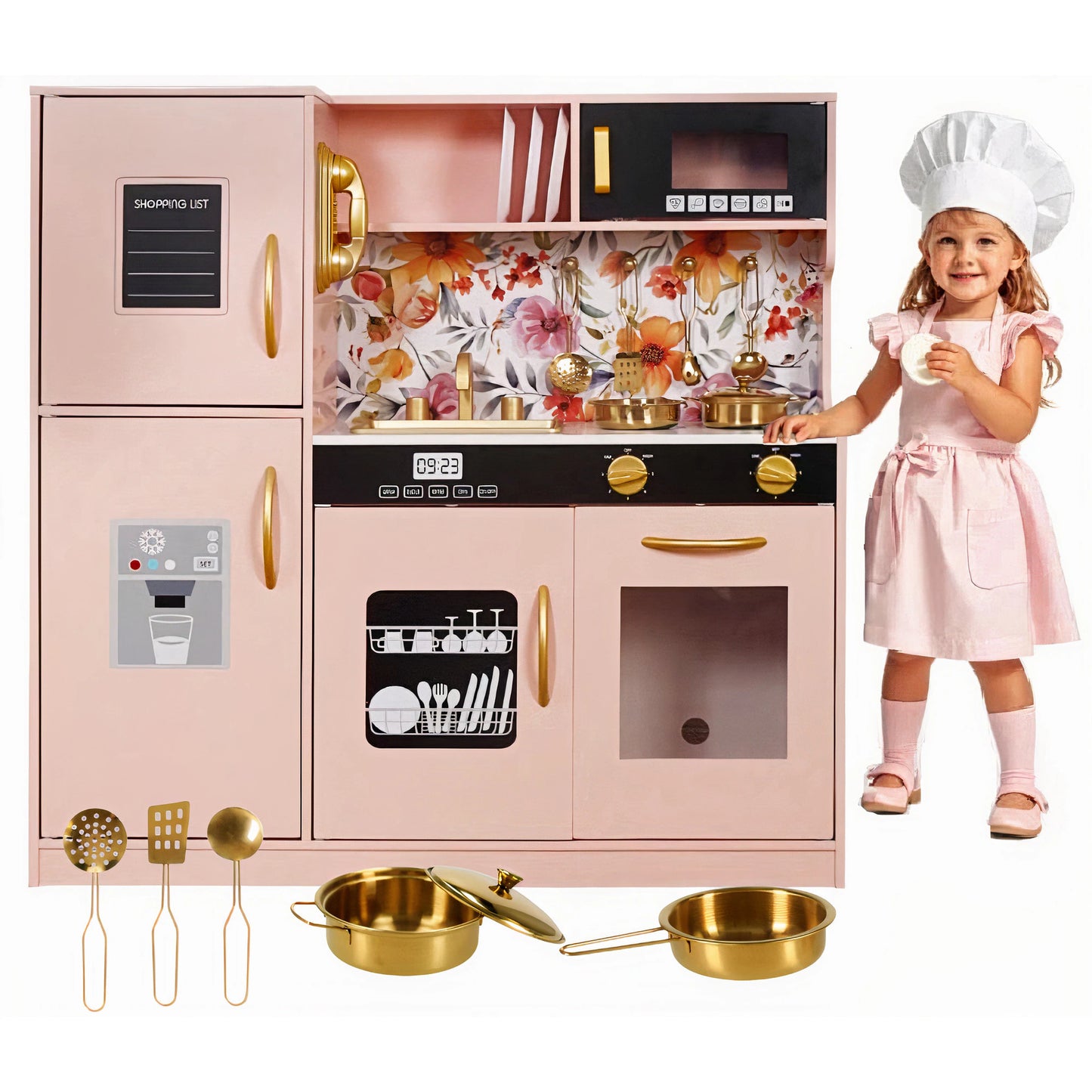 Set Bucatarie pentru Copii din Lemn Natural, FrenchCuisine PINK KIDO, Iluminare LED si Sunete, Elemente Detasabile, Set Ustensile, Cuptor cu Butoane, Telefon, Plita, Microunde, Chiuveta, 80.5 CM Inaltime, PINK KIDO