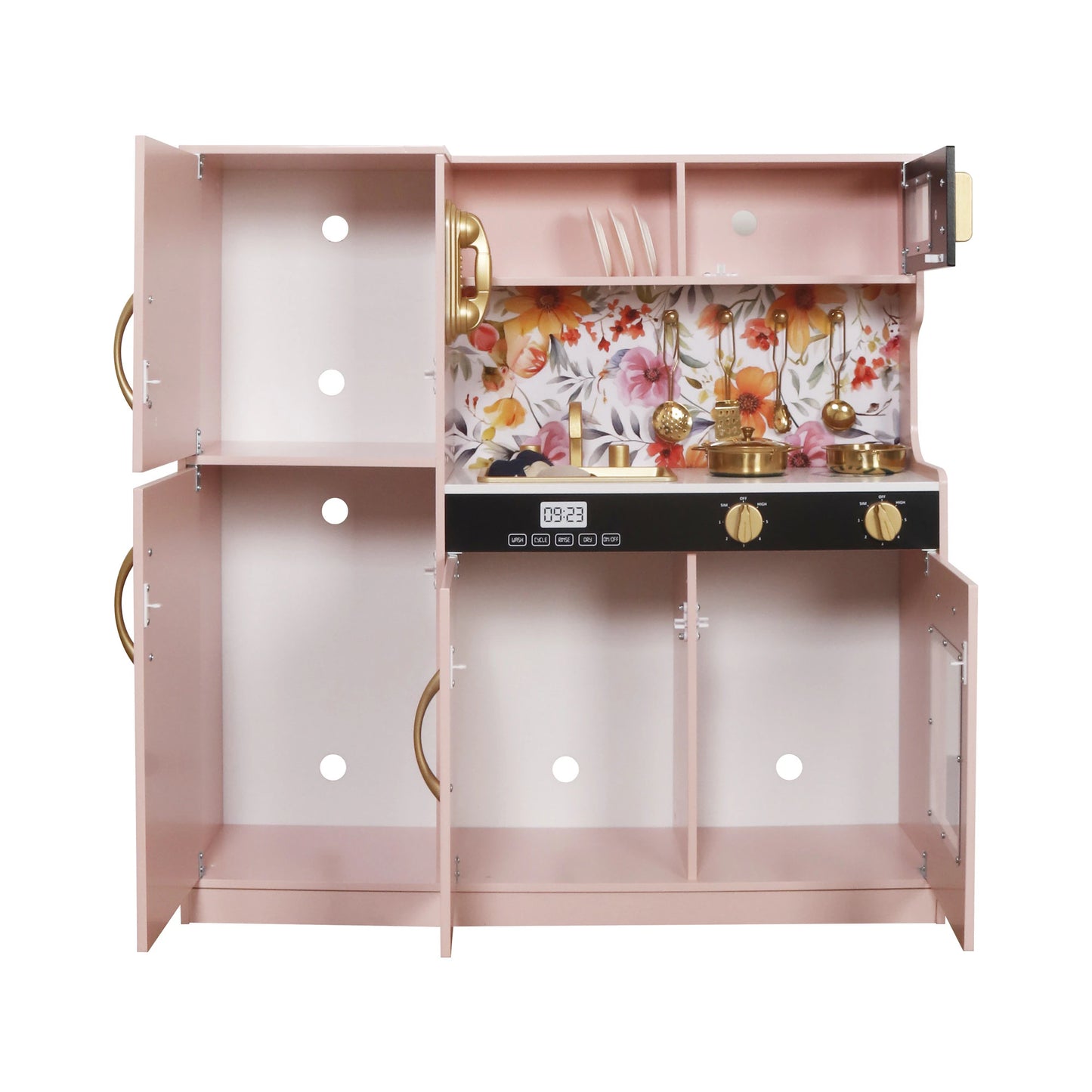 Set Bucatarie pentru Copii din Lemn Natural, FrenchCuisine PINK KIDO, Iluminare LED si Sunete, Elemente Detasabile, Set Ustensile, Cuptor cu Butoane, Telefon, Plita, Microunde, Chiuveta, 80.5 CM Inaltime, PINK KIDO