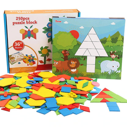 Joc educativ, Tangram din lemn cu 250 piese geometrice multicolore si cifre