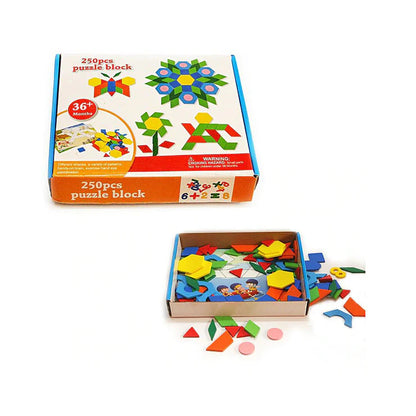 Joc educativ, Tangram din lemn cu 250 piese geometrice multicolore si cifre