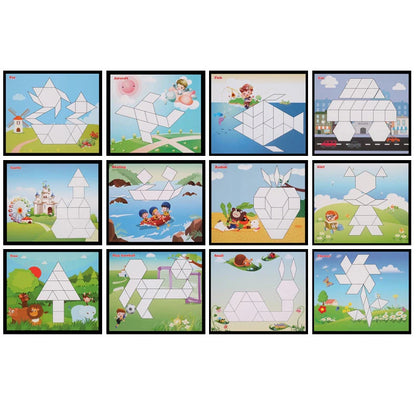 Joc educativ, Tangram din lemn cu 250 piese geometrice multicolore si cifre