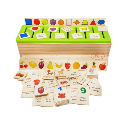 Joc Montessori RCO® in limba romana/engleza, de clasificare, sortare si asociere, 88 piese, din lemn