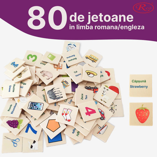 Joc Montessori RCO® in limba romana/engleza, de clasificare, sortare si asociere, 88 piese, din lemn