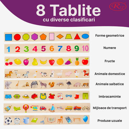 Joc Montessori RCO® in limba romana/engleza, de clasificare, sortare si asociere, 88 piese, din lemn