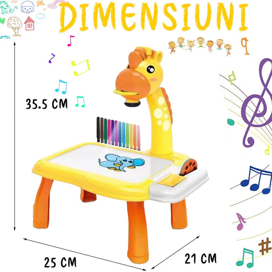 Jucarie educationala tip tabla Pitikot®, masuta de desenat cu proiector, cu hologram, 3 discuri cu 24 sabloane si 12 carioci pentru copii, model girafa galben Pitikot®