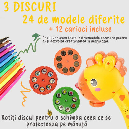 Jucarie educationala tip tabla Pitikot®, masuta de desenat cu proiector, cu hologram, 3 discuri cu 24 sabloane si 12 carioci pentru copii, model girafa galben Pitikot®