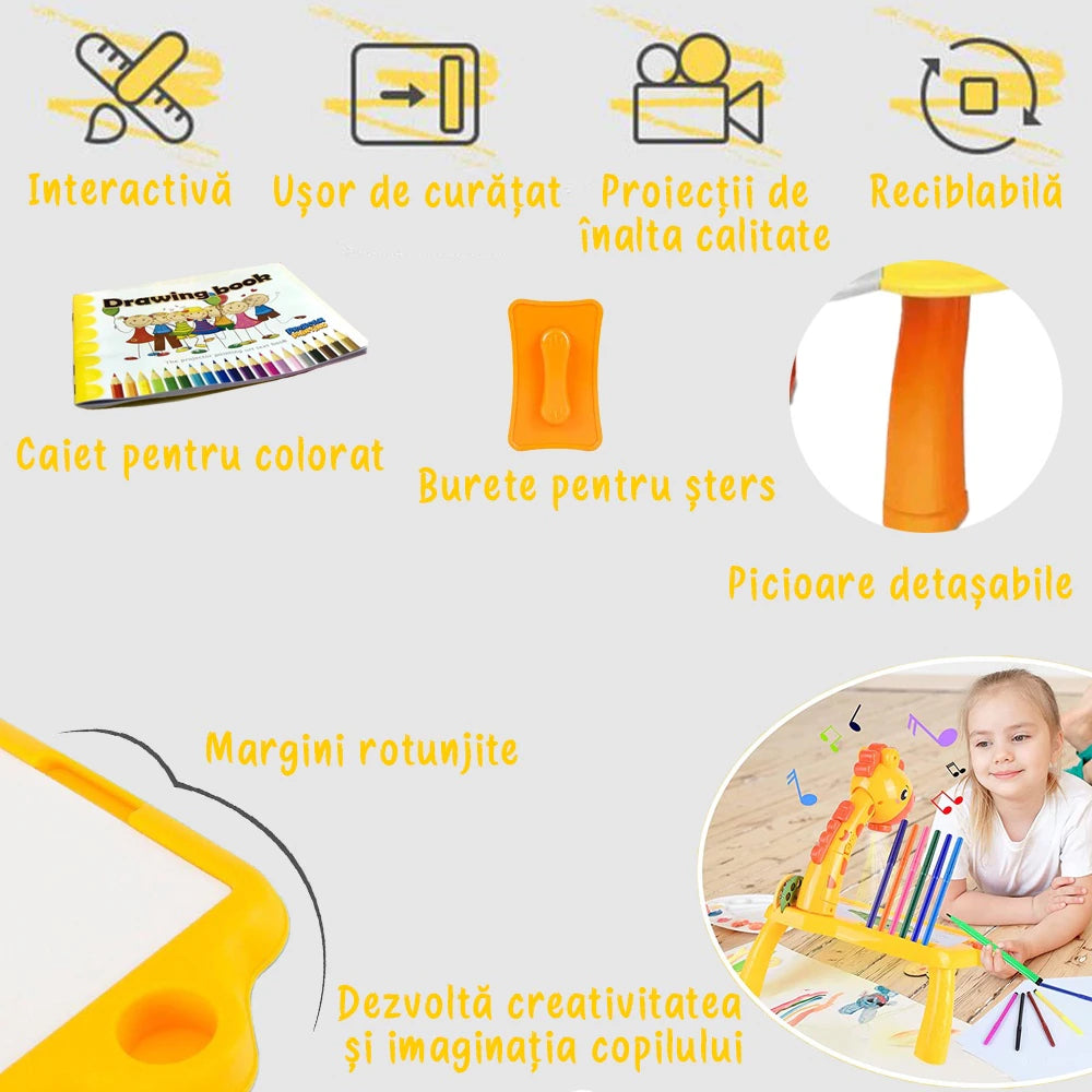 Jucarie educationala tip tabla Pitikot®, masuta de desenat cu proiector, cu hologram, 3 discuri cu 24 sabloane si 12 carioci pentru copii, model girafa galben Pitikot®