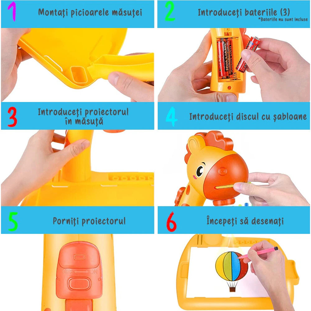 Jucarie educationala tip tabla Pitikot®, masuta de desenat cu proiector, cu hologram, 3 discuri cu 24 sabloane si 12 carioci pentru copii, model girafa galben Pitikot®