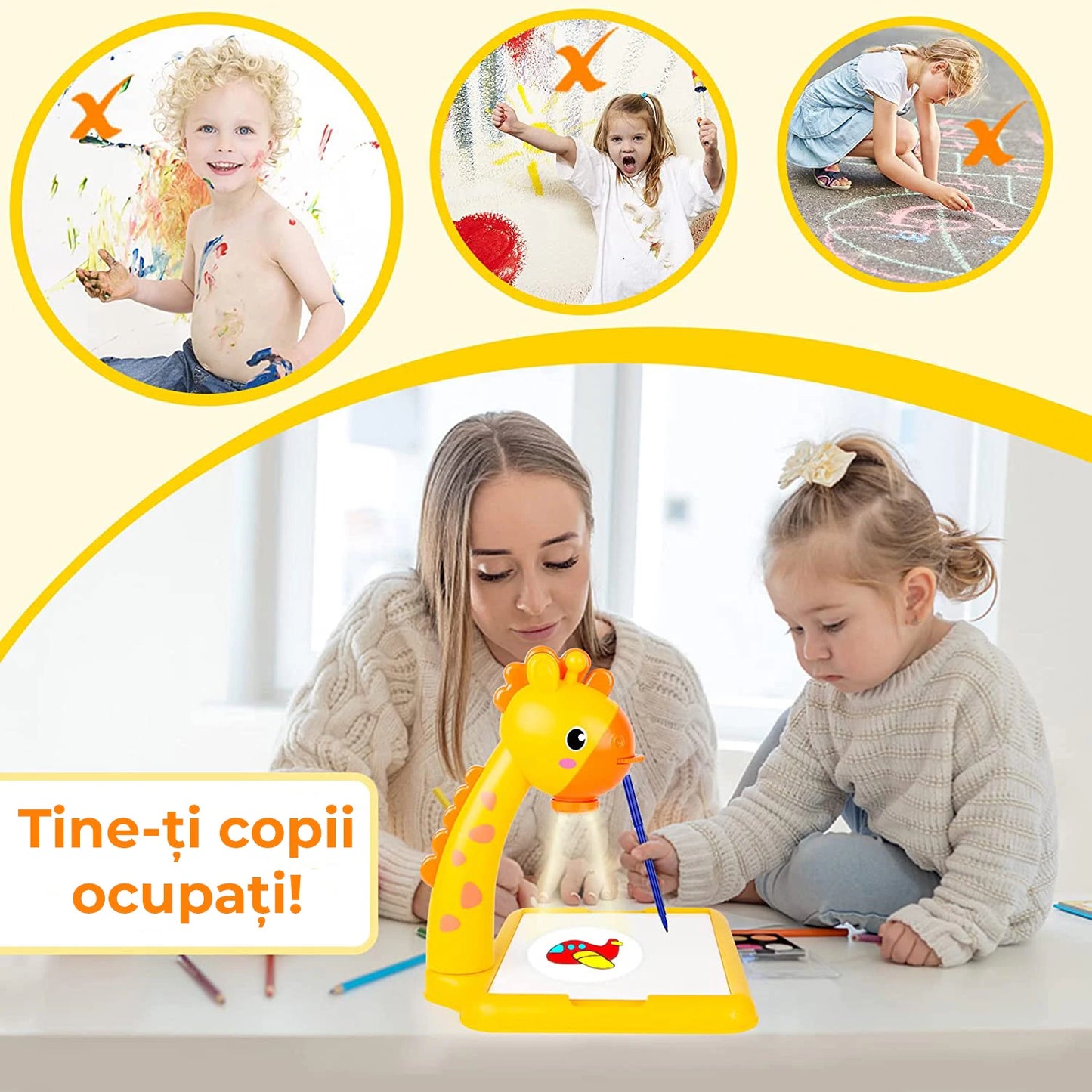 Jucarie educationala tip tabla Pitikot®, masuta de desenat cu proiector, cu hologram, 3 discuri cu 24 sabloane si 12 carioci pentru copii, model girafa galben Pitikot®