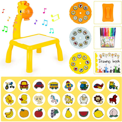 Jucarie educationala tip tabla Pitikot®, masuta de desenat cu proiector, cu hologram, 3 discuri cu 24 sabloane si 12 carioci pentru copii, model girafa galben Pitikot®