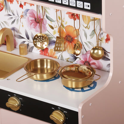 Set Bucatarie pentru Copii din Lemn Natural, FrenchCuisine PINK KIDO, Iluminare LED si Sunete, Elemente Detasabile, Set Ustensile, Cuptor cu Butoane, Telefon, Plita, Microunde, Chiuveta, 80.5 CM Inaltime, PINK KIDO