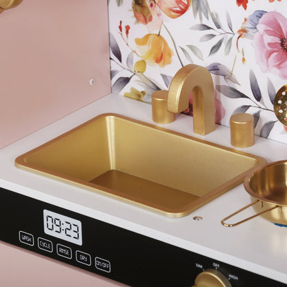 Set Bucatarie pentru Copii din Lemn Natural, FrenchCuisine PINK KIDO, Iluminare LED si Sunete, Elemente Detasabile, Set Ustensile, Cuptor cu Butoane, Telefon, Plita, Microunde, Chiuveta, 80.5 CM Inaltime, PINK KIDO