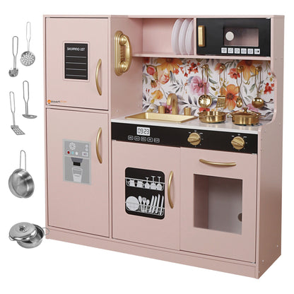 Set Bucatarie pentru Copii din Lemn Natural, FrenchCuisine PINK KIDO, Iluminare LED si Sunete, Elemente Detasabile, Set Ustensile, Cuptor cu Butoane, Telefon, Plita, Microunde, Chiuveta, 80.5 CM Inaltime, PINK KIDO