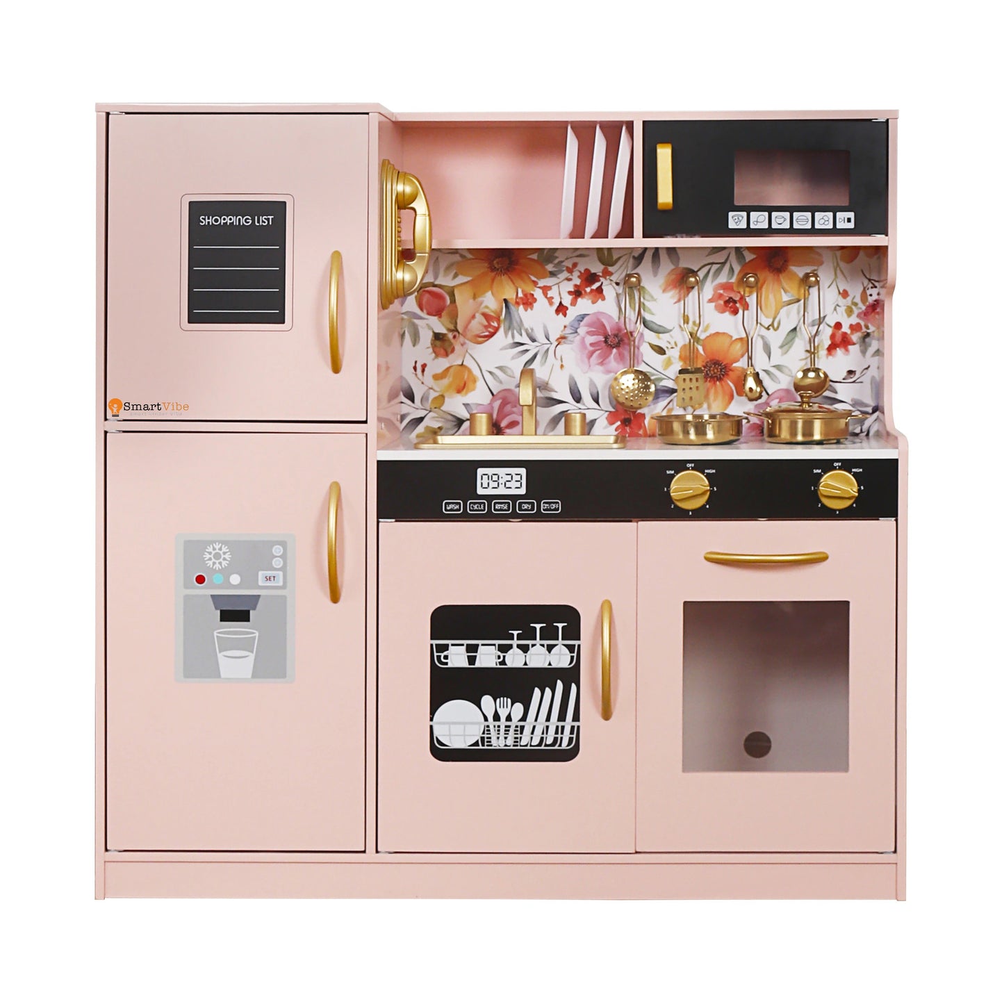 Set Bucatarie pentru Copii din Lemn Natural, FrenchCuisine PINK KIDO, Iluminare LED si Sunete, Elemente Detasabile, Set Ustensile, Cuptor cu Butoane, Telefon, Plita, Microunde, Chiuveta, 80.5 CM Inaltime, PINK KIDO